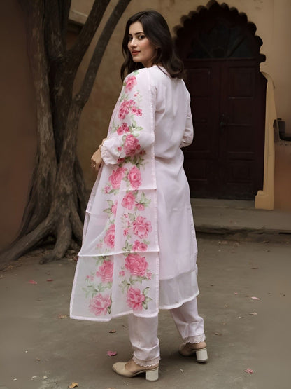 Dhiyona IE Women's Women Floral Embroidered Thread Work Kurta with Trousers & Dupatta