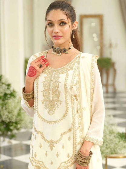 Floral Embroidered Thread Work Kurta With Palazzos & Dupatta