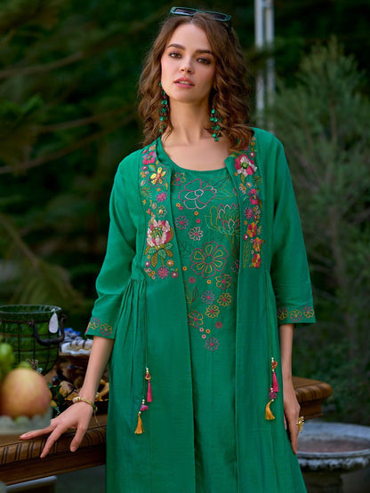 Dhiyona IE Women Floral Embroidered Regular Beads and Stones Kurta with Trousers