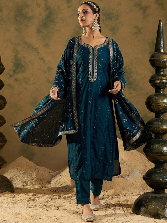 Dhiyona IE Women Floral Embroidered Regular Kurta with Trousers & With Dupatta
