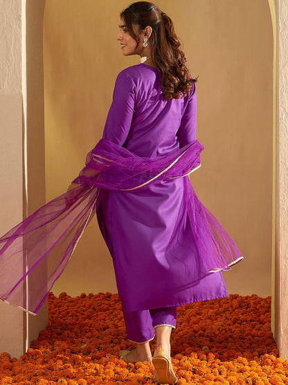 Dhiyona IE Floral Embroidered Liva Straight Kurta With Trousers & Dupatta