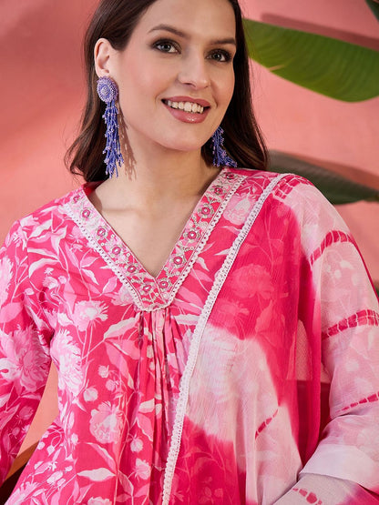 Dhiyona SN Women's Pink Floral Printed Pure Cotton A-Line Kurta With Trouser And Dupatta