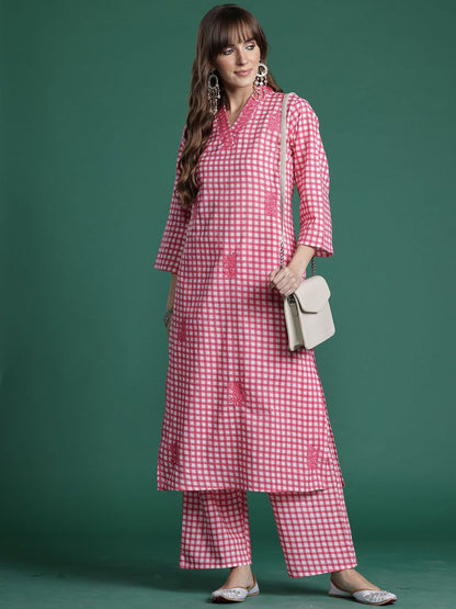 Dhiyona IE Embroidered Checked Pure Cotton V-Neck Straight Top With Trousers Co-Ords