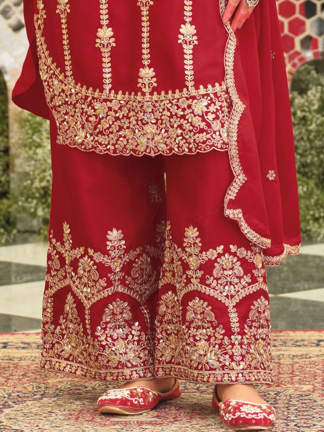 Ethnic Motifs Embroidered Straight Kurta With Palazzos & Dupatta
