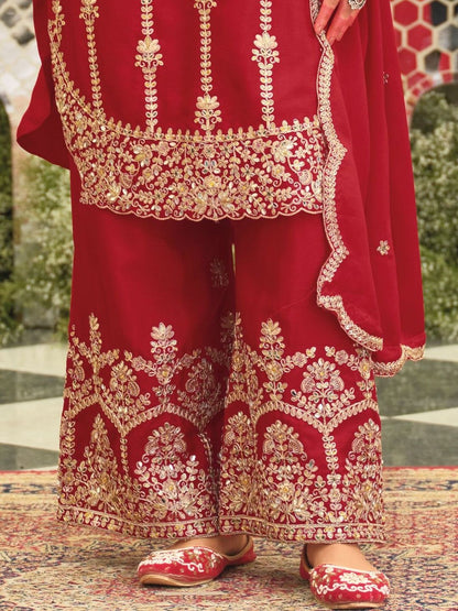 Ethnic Motifs Embroidered Straight Kurta With Palazzos & Dupatta