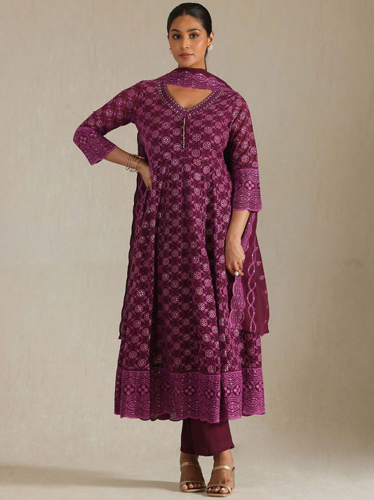 Dhiyona SO Women's Geometric Embroidered Thread Work Georgette Anarkali Kurta With Trousers And Dupatta
