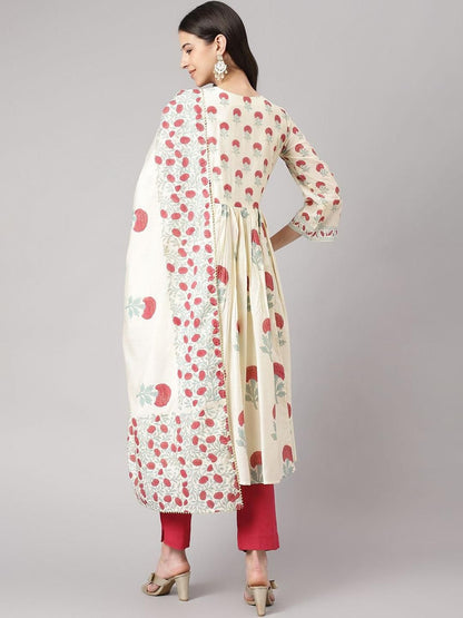 Dhiyona KL Women Floral Printed Pleated Sequinned Chanderi Cotton Kurta Set