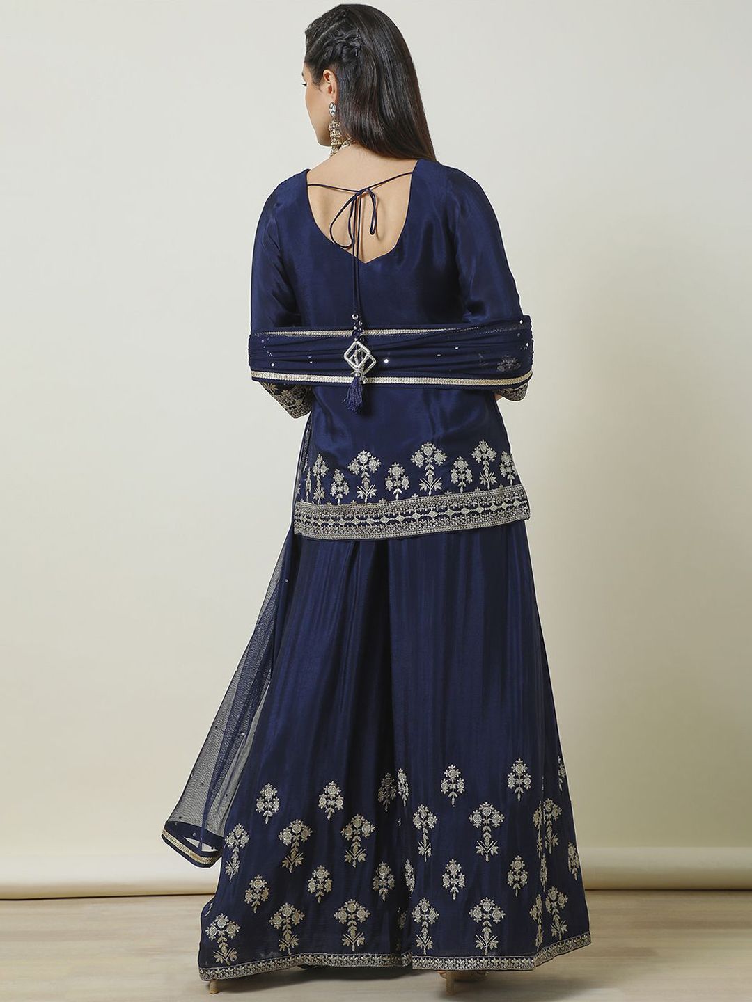 Dhiyona SO Women's Ethnic Motifs Embroidered Regular Sequinned Straight Kurti with Sharara & Dupatta