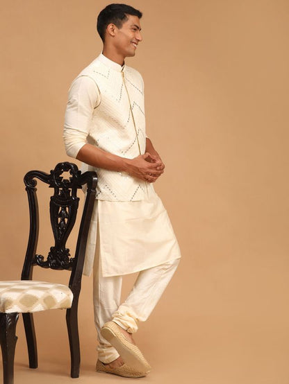 Men's Cream Viscose Straight Jacket  Kurta and Pyjama Set