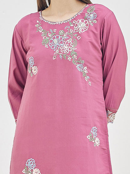 Floral Embroidered Thread Work Kurta With Trousers & Dupatta