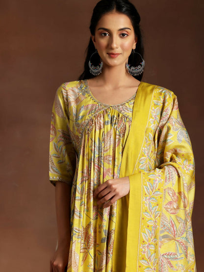 Women's LB Aashna Mustard Printed Silk Blend A-Line Kurta With Palazzos & Dupatta