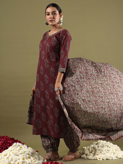 Dhiyona IE Floral Printed Pure Cotton Straight Kurta With Salwar & Dupatta