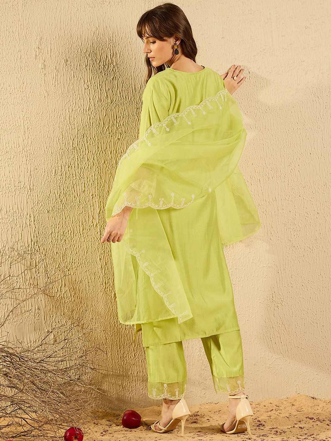Dhiyona IE Women Ethnic Motifs Embroidered Regular Aari Work Liva Kurta with Trousers & With Dupatta