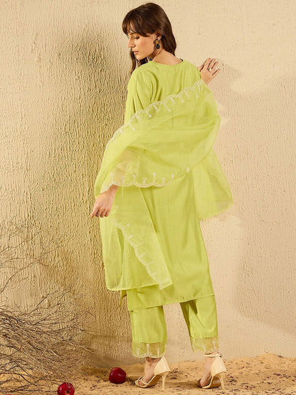 Dhiyona IE Women Ethnic Motifs Embroidered Regular Aari Work Liva Kurta with Trousers & With Dupatta