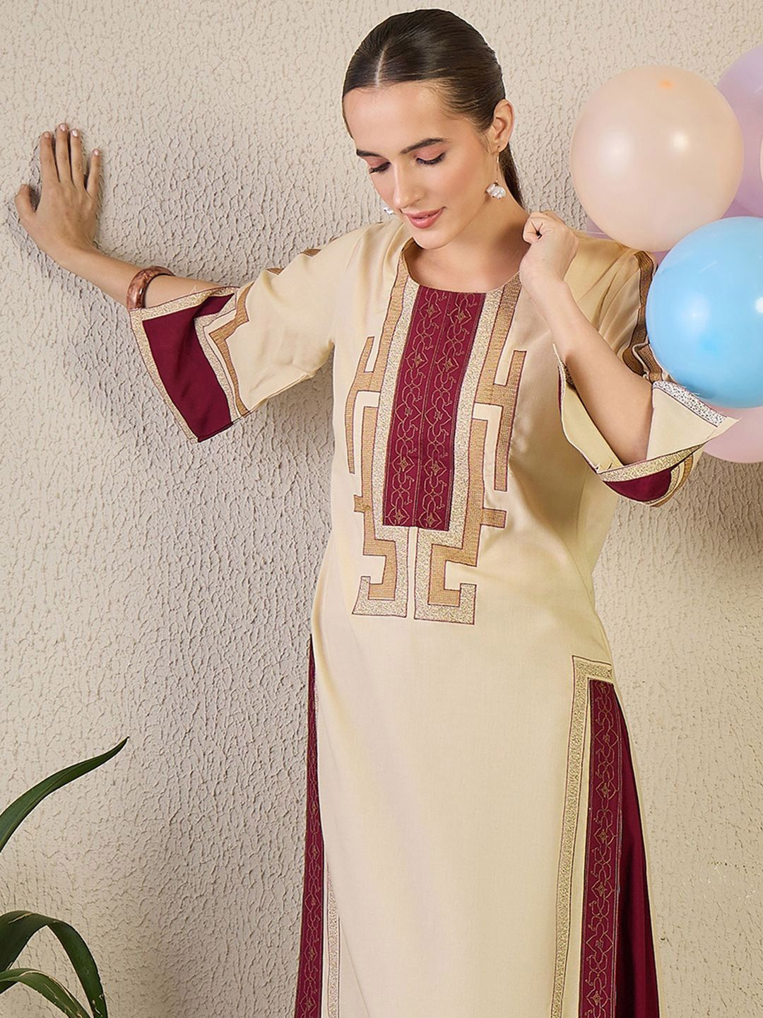 Dhiyona IE Embroidered Round Neck Kurta With Palazzos