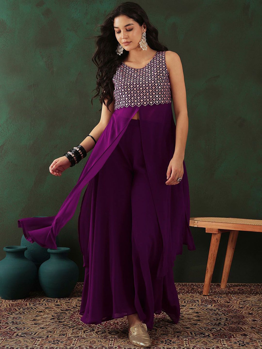 Dhiyona SN Women's Magenta Geometric Embroidered High Slit A-Line Kurta With Trouser