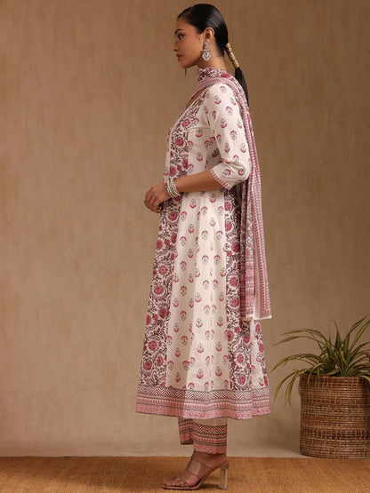 Dhiyona SO Women's Floral Printed Mirror Work Anarkali Kurta with Trouser & Dupatta