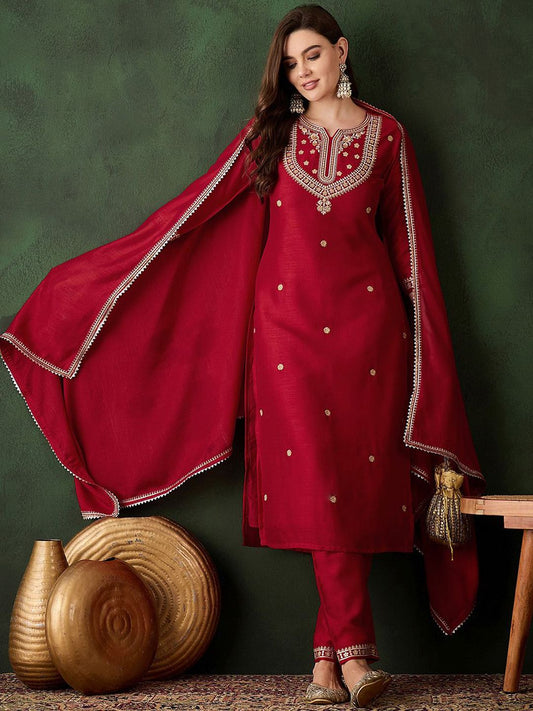 Dhiyona SN Women's Embroidered Straight Kurta With Trousers And Dupatta