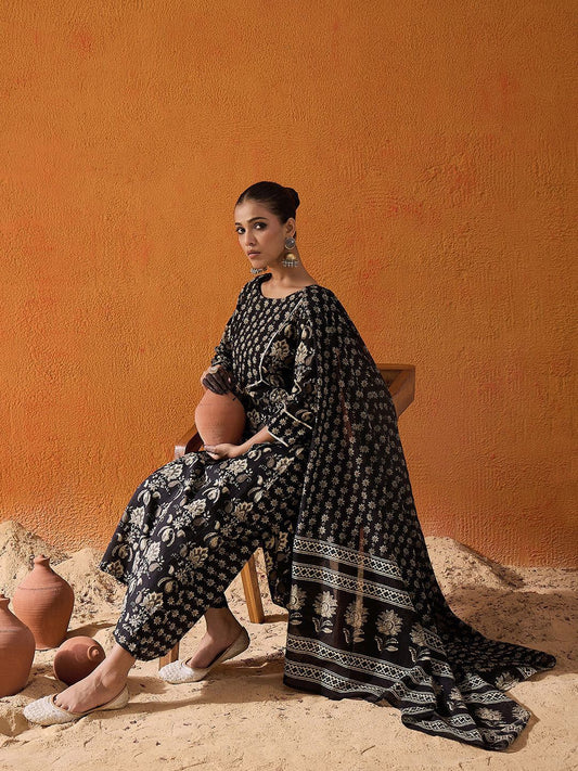Dhiyona IE Black Floral Printed Gotta Patti Pure Cotton Kurta with Palazzo & Dupatta