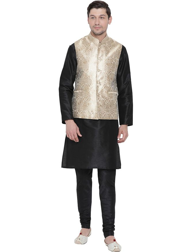 Men's Black Silk Blend Straight Jacket  Kurta and Pyjama Set