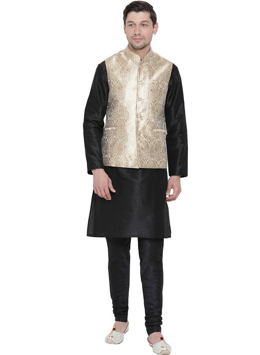 Men's Black Silk Blend Straight Jacket  Kurta and Pyjama Set