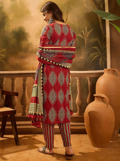 Dhiyona SN Women's Floral Printed V-Neck Sequinned Cotton Straight Kurta With Trouser & Dupatta
