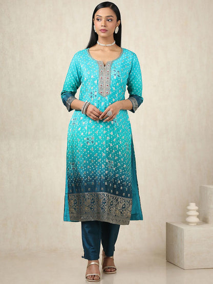 Dhiyona SO Women's Bandhani Printed Thread Work Brocade Straight Kurta With Trousers And Dupatta