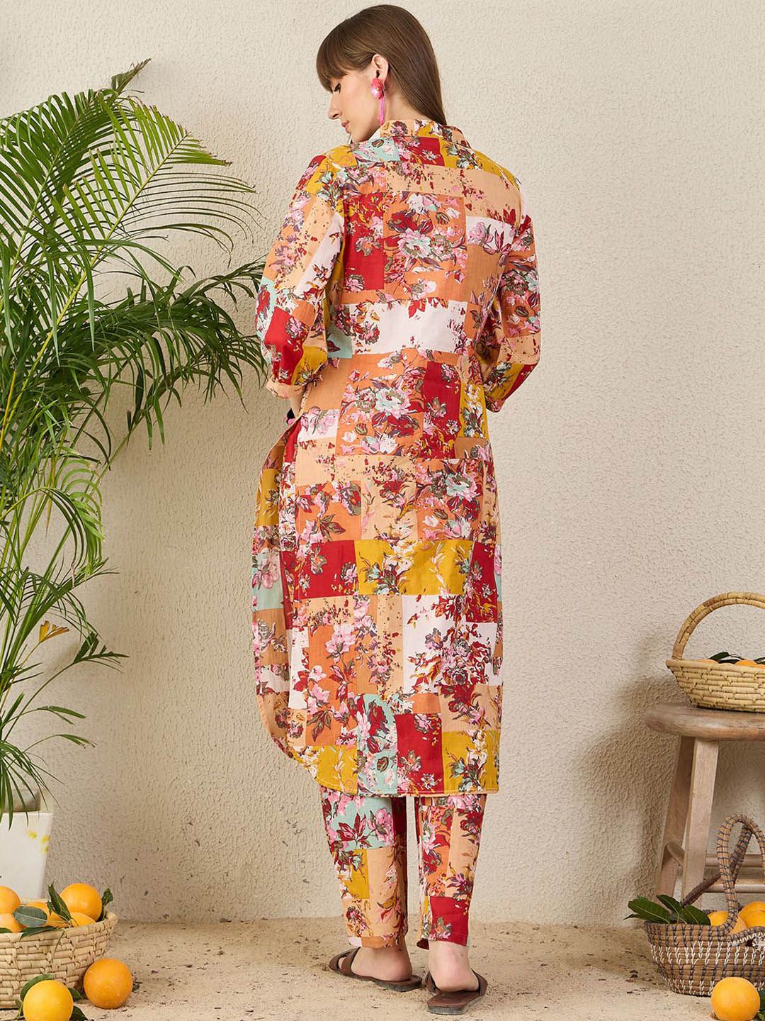 Dhiyona IE Floral Printed Pure Cotton Shirt Collar Tunic With Trousers