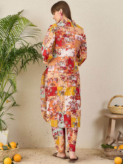 Dhiyona IE Floral Printed Pure Cotton Shirt Collar Tunic With Trousers