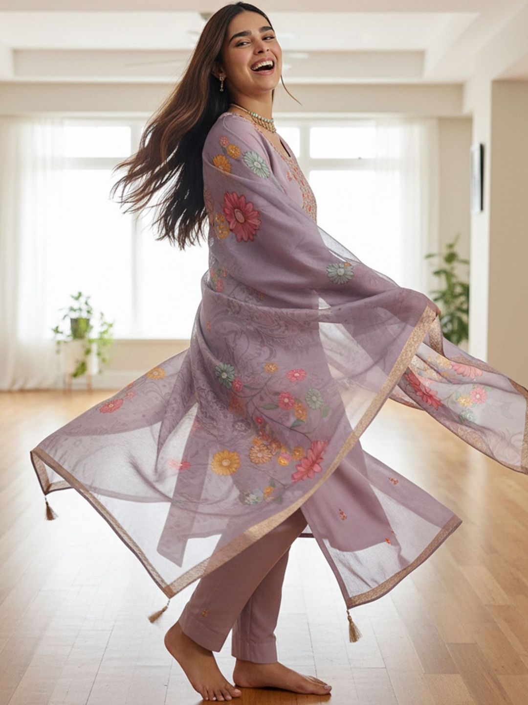 Floral Printed Thread Work Straight Kurta With Trousers & Dupatta