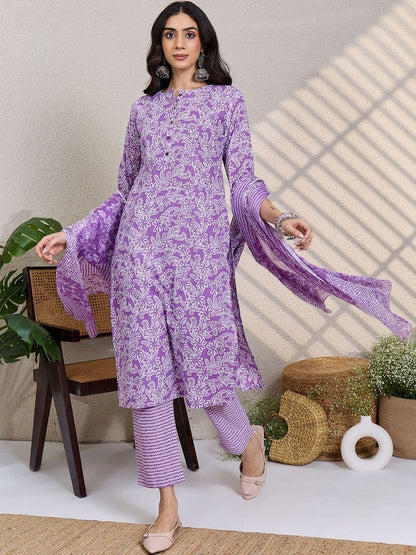 Women Floral Printed Regular Pure Cotton Kurta with Trousers & With Dupatta
