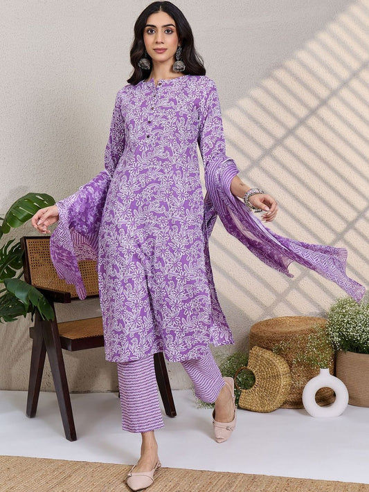 Women Floral Printed Regular Pure Cotton Kurta with Trousers & With Dupatta