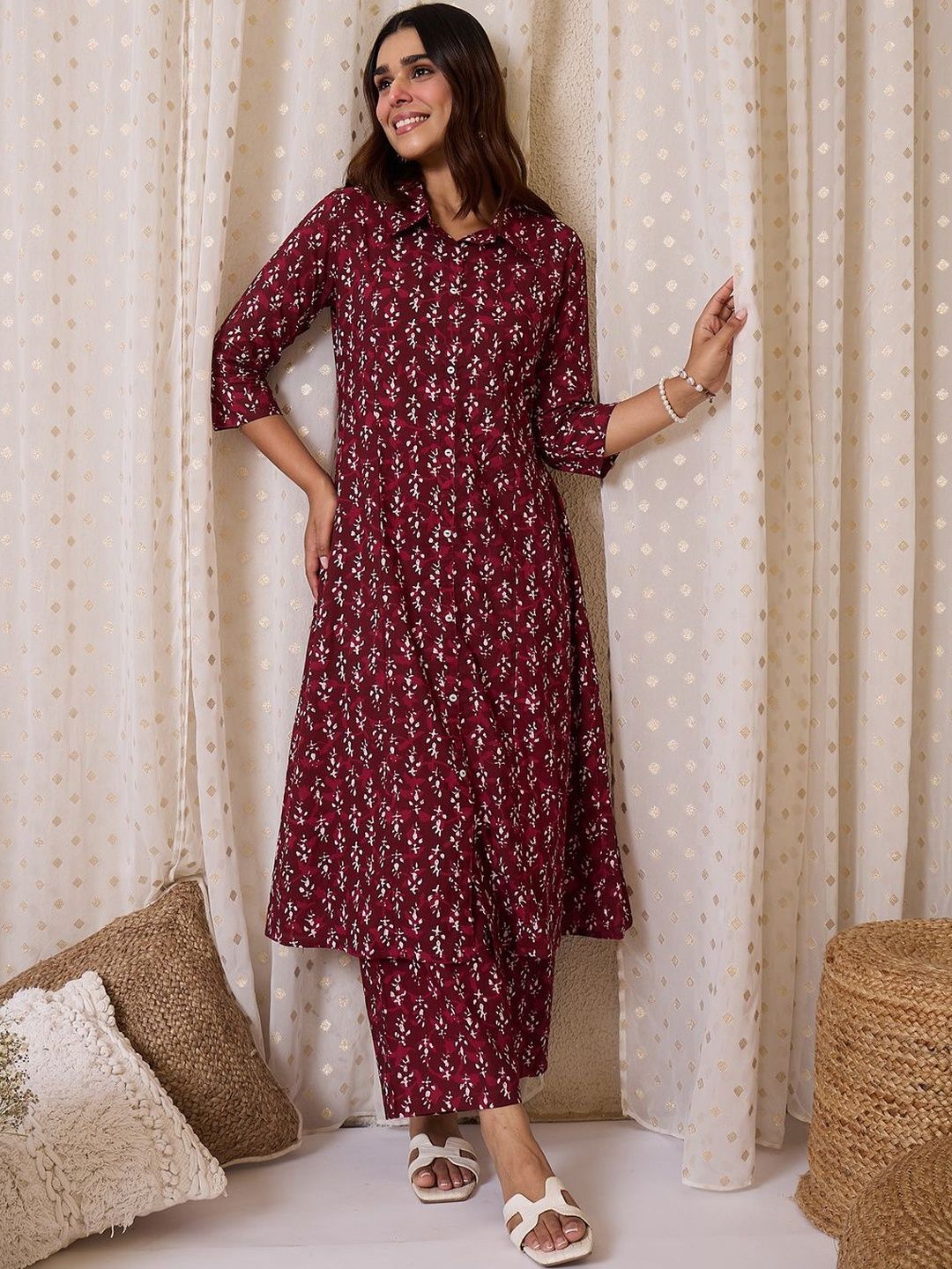 Dhiyona IE Women Floral Printed Pure Cotton Anarkali Kurta with Trouser