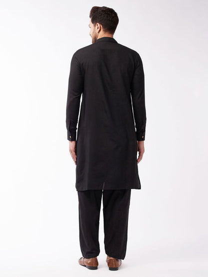 Men's Black Cotton Blend Pathani Kurta and Patiala Set