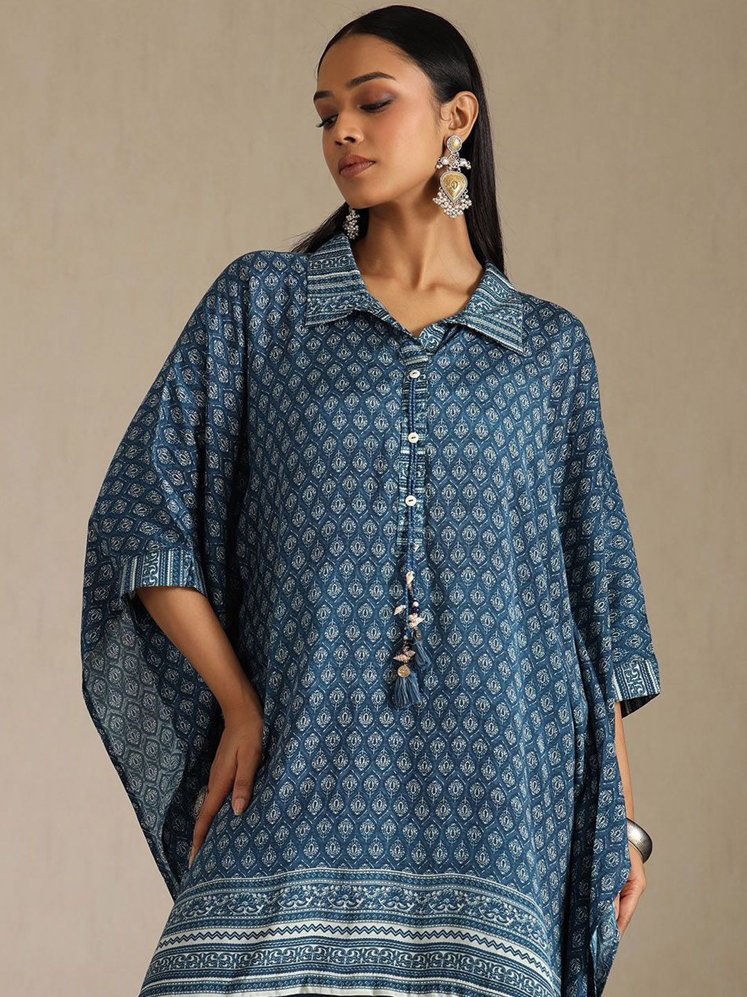 Dhiyona SO Women's Women Floral Printed Thread Work Kaftan Kurta with Trousers
