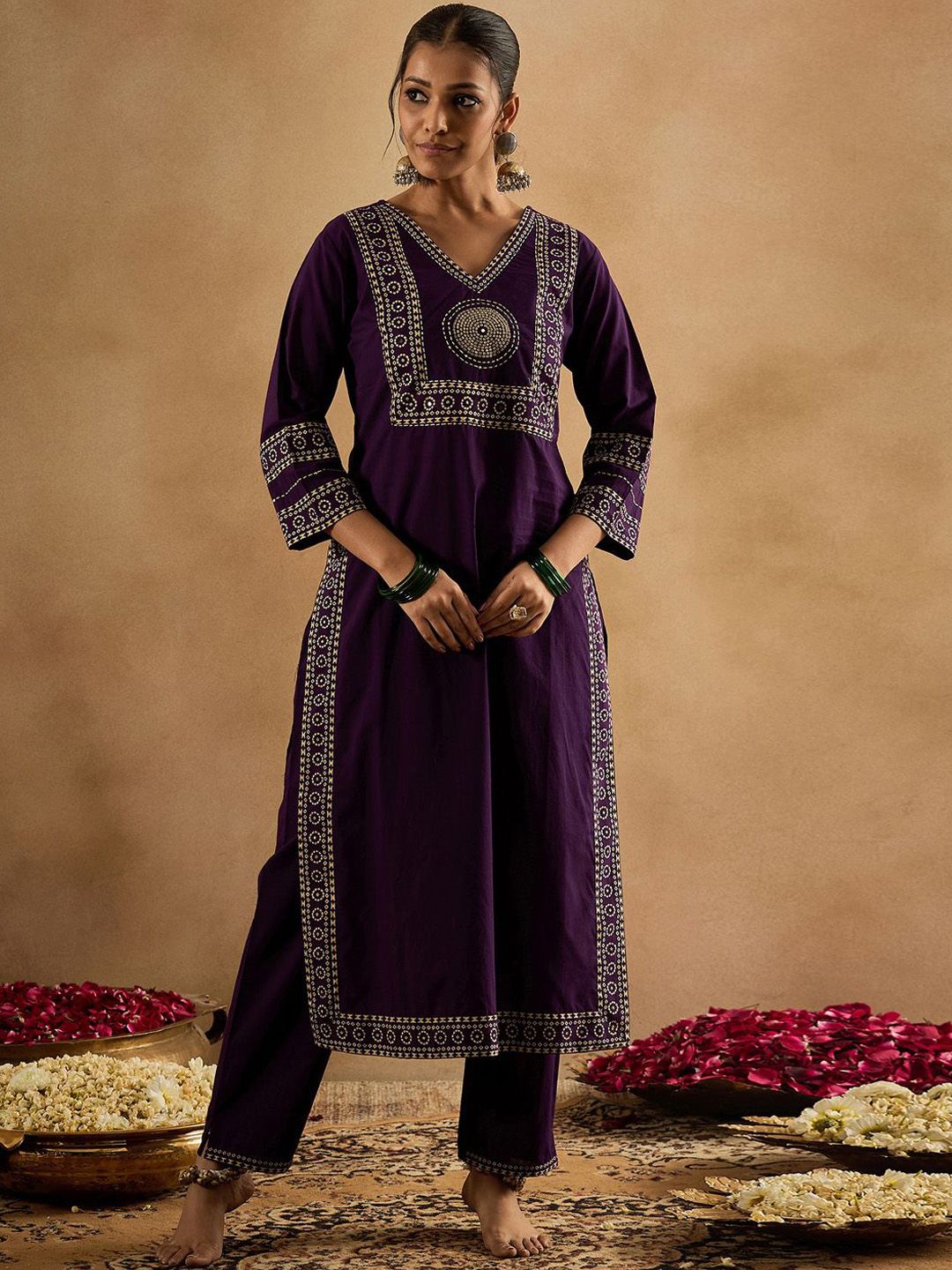 Floral Printed Pure Cotton Straight Kurta With Trousers & Dupatta