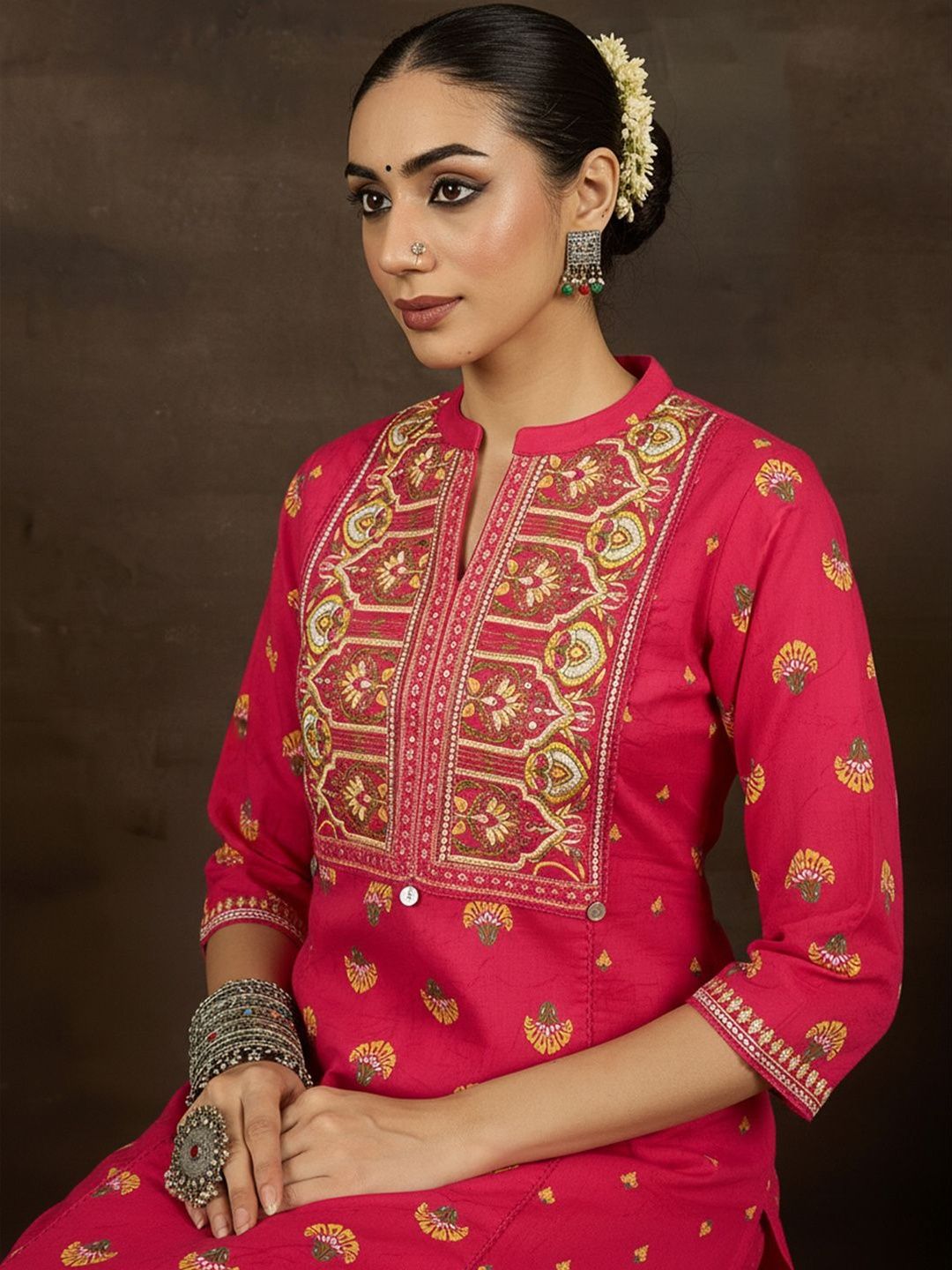 Ethnic Motifs Printed Thread Work Pure Cotton Straight Kurta with Trousers