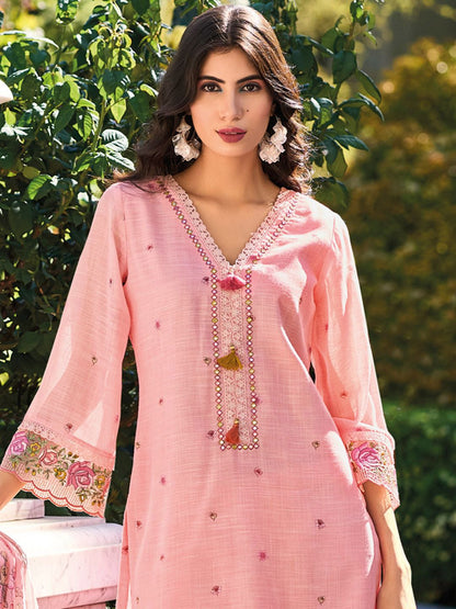 Women Floral Embroidered Thread Work Linen Kurta with Trousers & With Dupatta