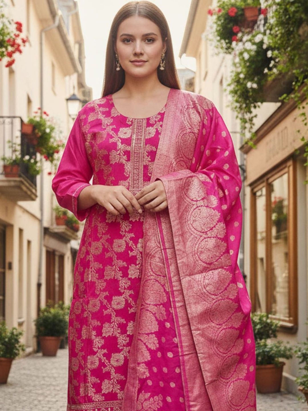 Floral Woven Design Round Neck Zari Work Straight Kurta With Trouser & Dupatta