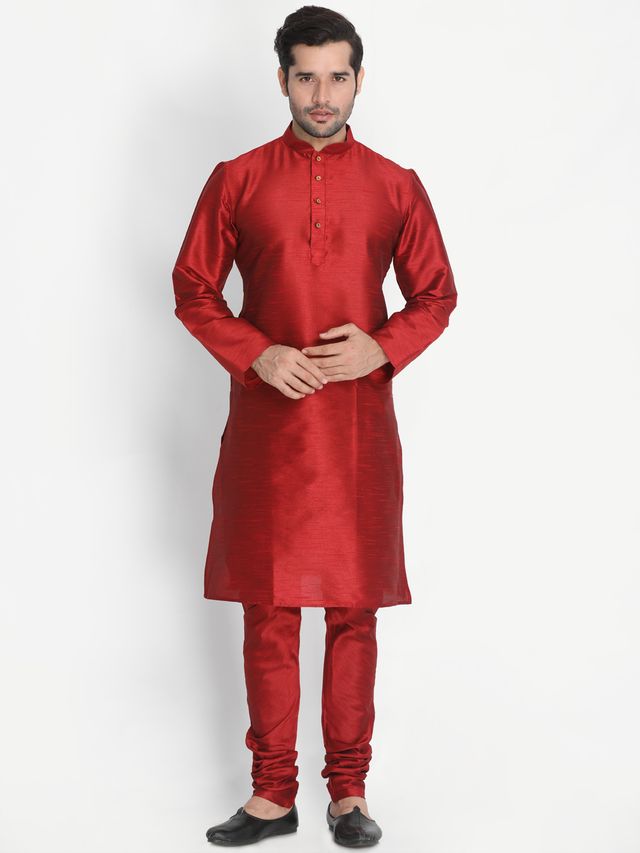 Men's Maroon Silk Blend Straight Jacket  Kurta and Pyjama Set