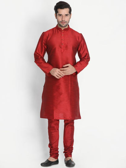 Men's Maroon Silk Blend Straight Jacket  Kurta and Pyjama Set