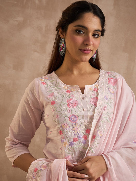 Women Floral Embroidered Thread Work Pure Cotton Kurta with Trousers & Dupatta