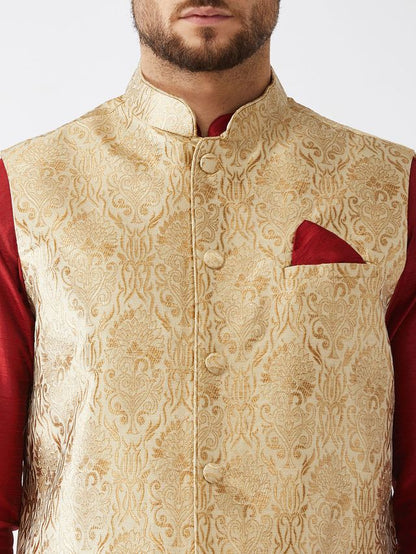 Men's Maroon Silk Blend Straight Jacket  Kurta and Dhoti Set