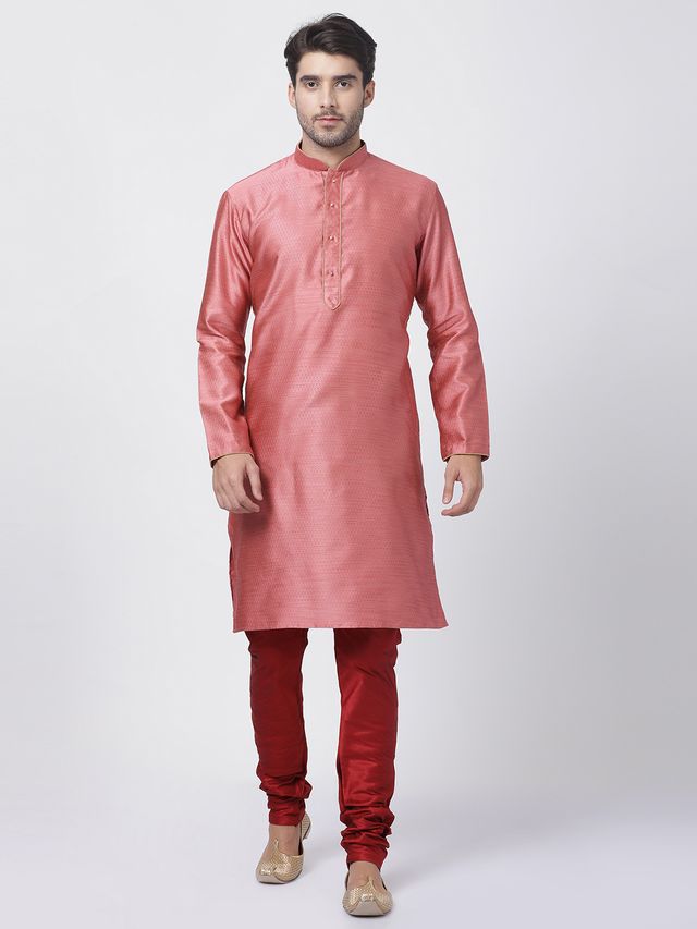 Men's Pink Silk Blend Straight Kurta Pyjama Set
