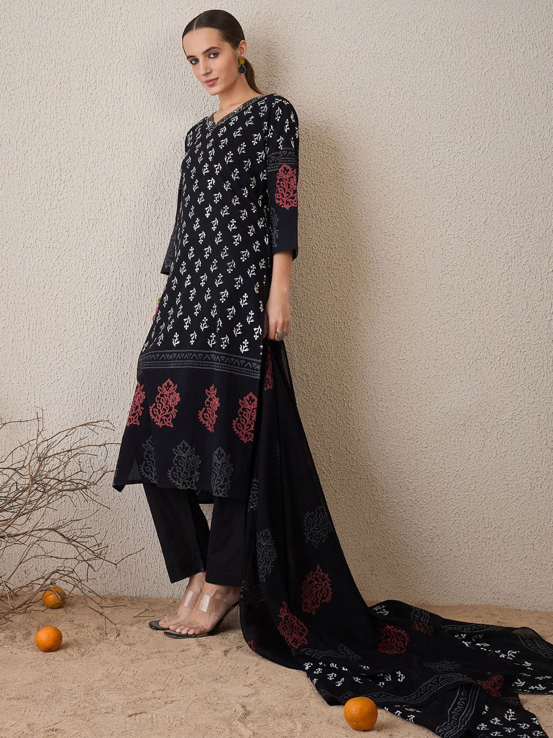 Floral Printed V-Neck Pure Cotton Straight Kurta With Trouser & Dupatta