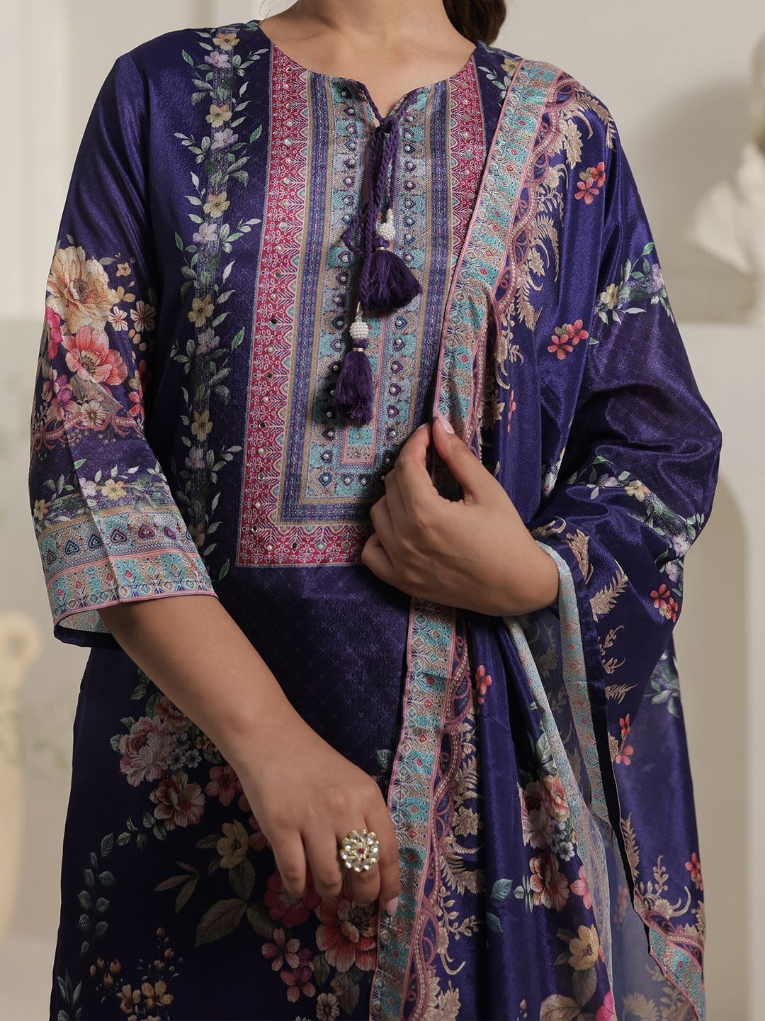 Motif Printed Notch Neck Chinon Mirror Work Straight Kurta & Palazzo With Dupatta
