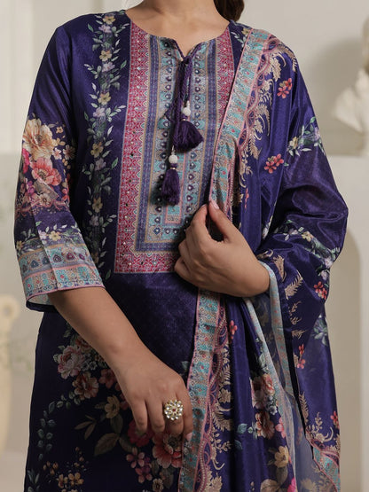 Motif Printed Notch Neck Chinon Mirror Work Straight Kurta & Palazzo With Dupatta
