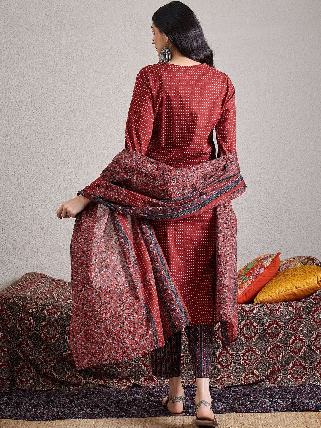 Women Ethnic Motifs Printed Regular Mirror Work Pure Cotton Kurta with Trousers & With Dupatta