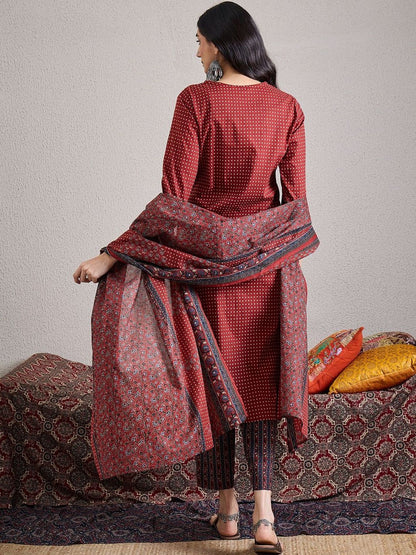 Women Ethnic Motifs Printed Regular Mirror Work Pure Cotton Kurta with Trousers & With Dupatta