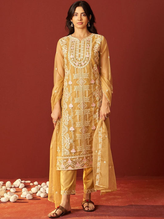 Floral Embroidered Straight V-Neck Thread Work Kurta & Trousers Dupatta